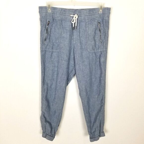 Athleta Women's Retreat Linen Jogger Pants Sz 12 Blue Crop Drawstring Beach - Picture 1 of 8